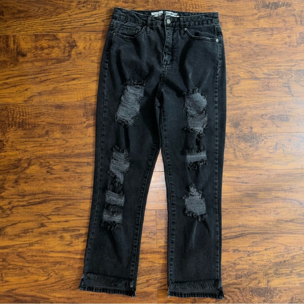 Mossimo Supply Co. High Rise Mom Jean Ripped Distressed Black Denim Fringe Cuff